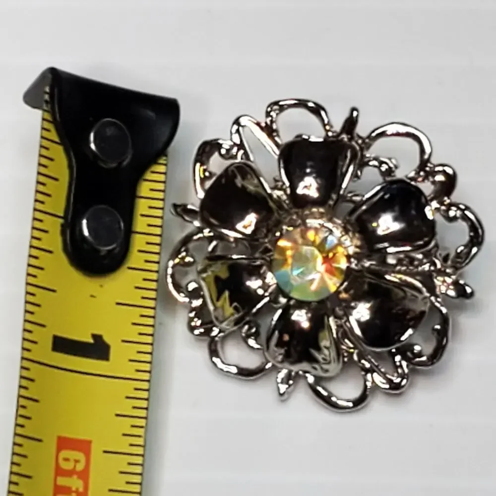 Vtg Silver Tone Rhinestone Flower Pin Brooch Aurora Borealis Center 1
